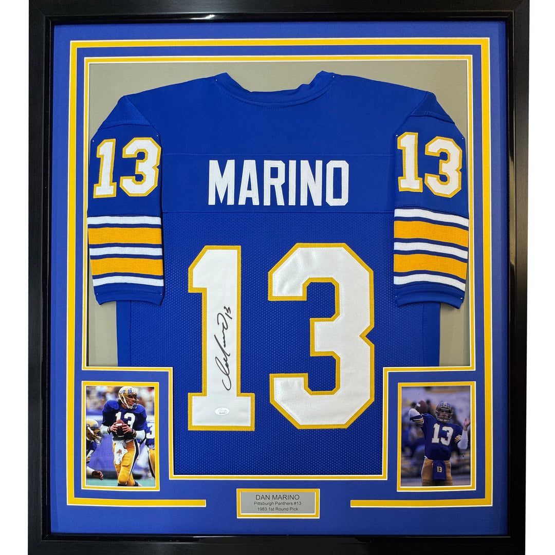 Framed Autographed/Signed Dan Marino 35x39 Blue College Jersey JSA COA
