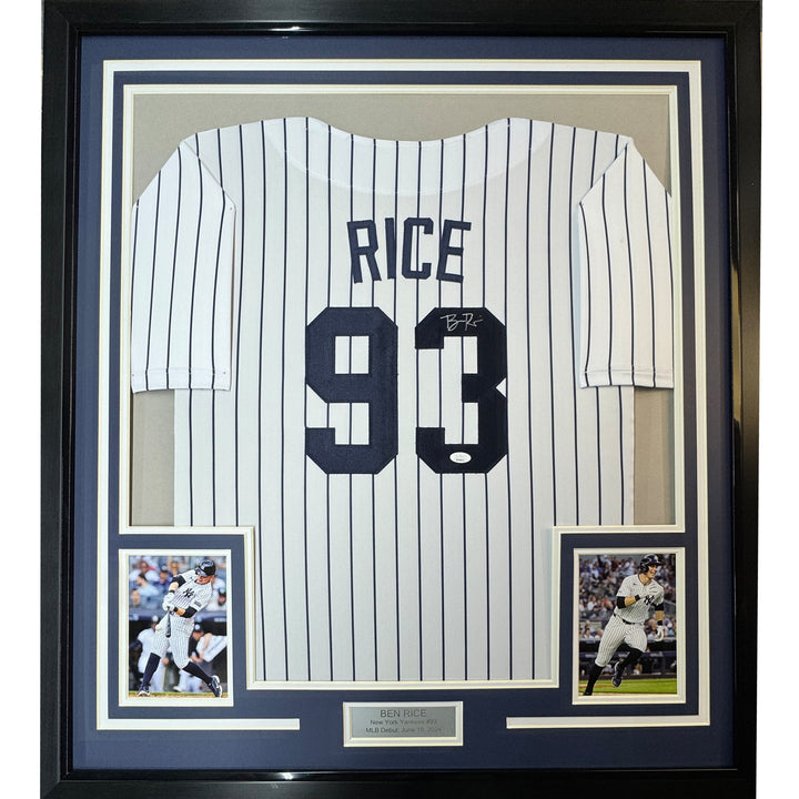 Framed Autographed/Signed Ben Rice 35x39 New York Pinstripe Jersey JSA COA