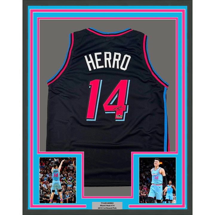 Framed Facsimile Autographed Tyler Herro 33x42 Black Reprint Laser Auto Jersey