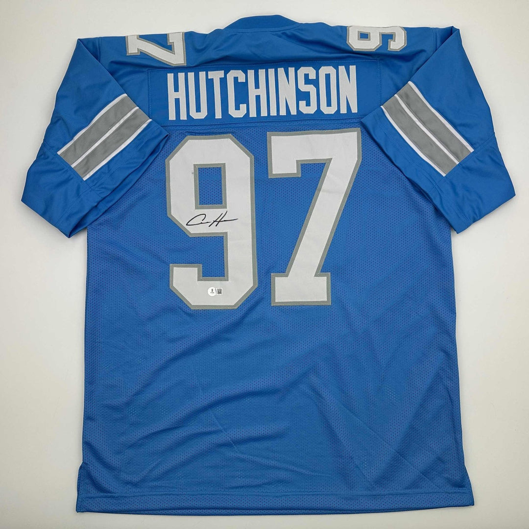 Autographed/Signed Aidan Hutchinson Detroit Blue Current Jersey Beckett COA