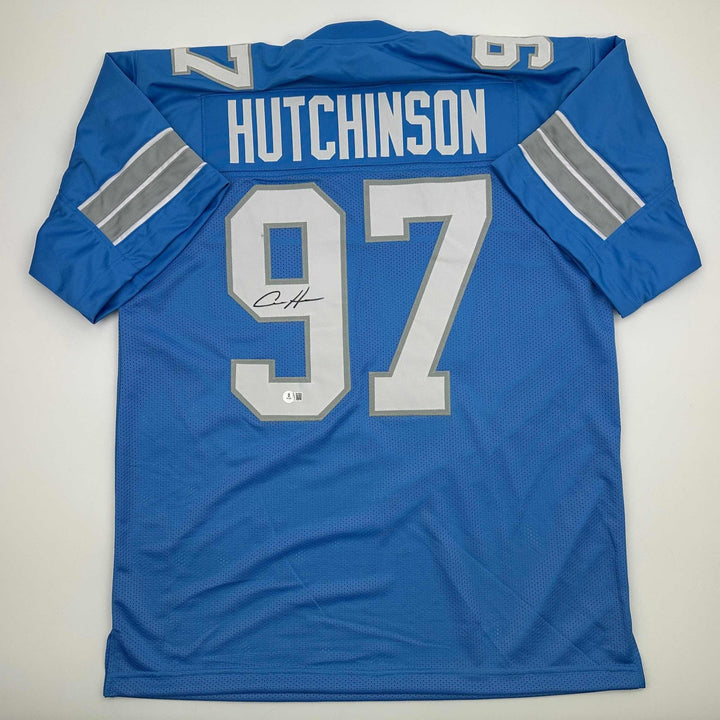 Autographed/Signed Aidan Hutchinson Detroit Blue Current Jersey Beckett COA