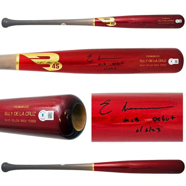 Elly De La Cruz Auto Red B45 Player Model Bat Reds MLB Debut 6/6/23 Beckett Wit