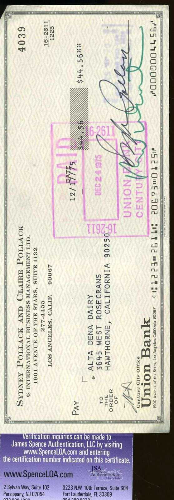 Sydney Pollack Signed Jsa Certified Check Authenticated Autograph