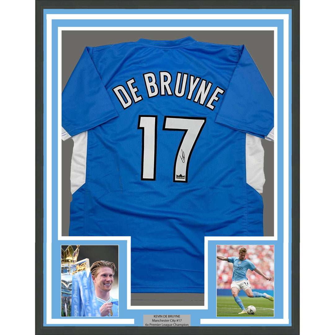 Framed Facsimile Autographed Kevin De Bruyne 35x39 Man City Blue Reprint Jersey