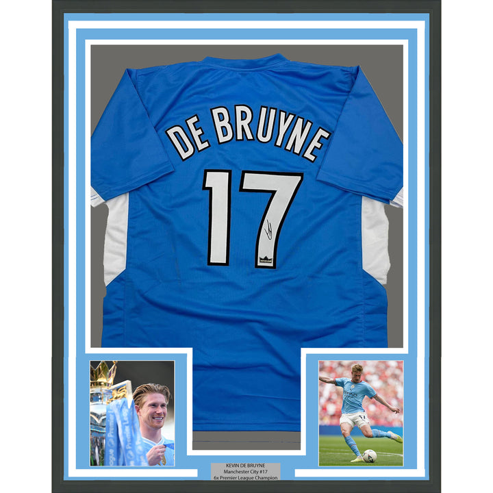Framed Facsimile Autographed Kevin De Bruyne 35x39 Man City Blue Reprint Jersey