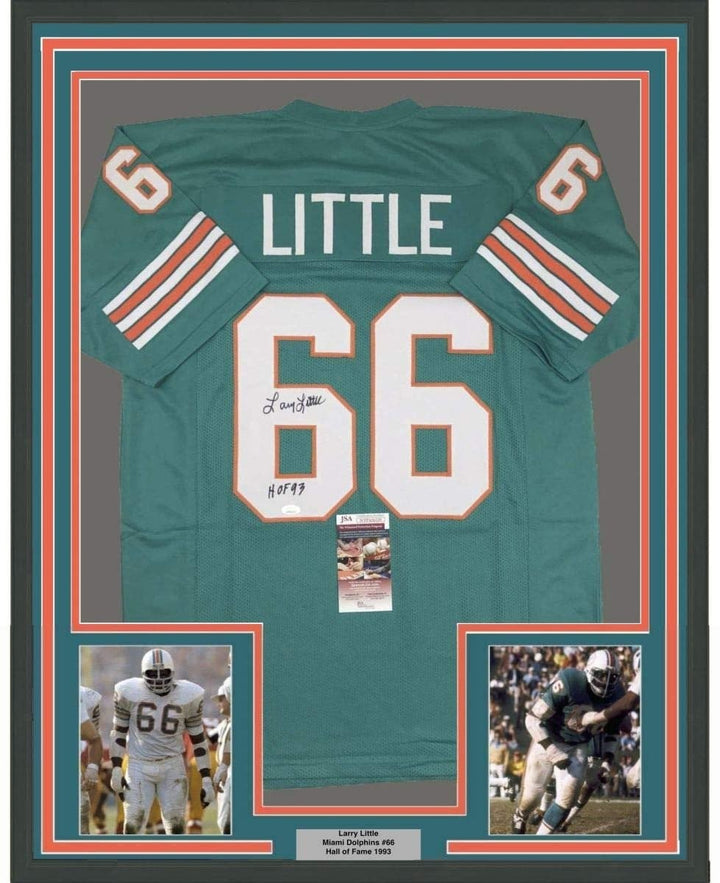 FRAMED Signed LARRY LITTLE HOF 93 35x39 Miami Teal Jersey JSA COA
