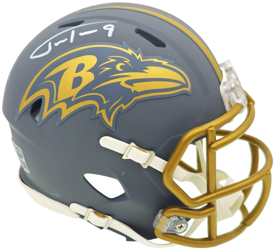 Justin Tucker Auto Signed Baltimore Ravens Slate Gray Speed Mini Helmet JSA