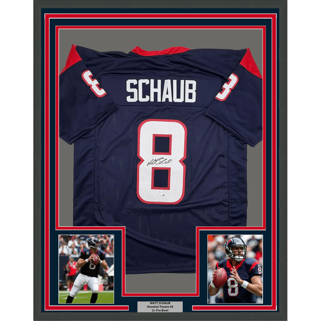 Framed Autographed/Signed Matt Schaub 35x39 Houston Blue Jersey JSA COA
