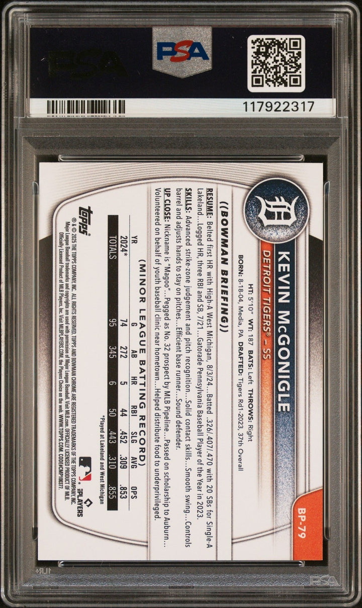 Graded 2025 Topps Bowman Kevin McGonigle #BP79 Rookie Baseball Card PSA 10