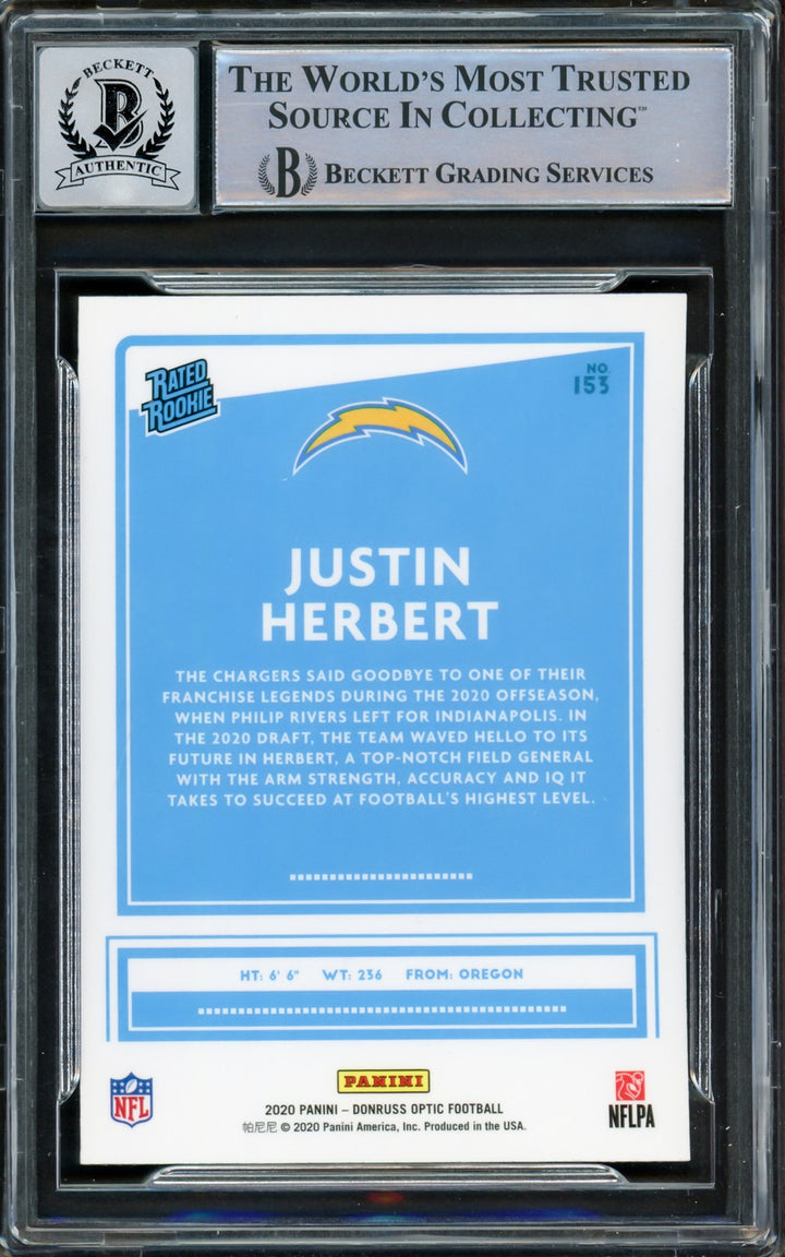 Justin Herbert Signed 2020 Donruss Optic Rated Rookies RC #153 Chargers Auto 10