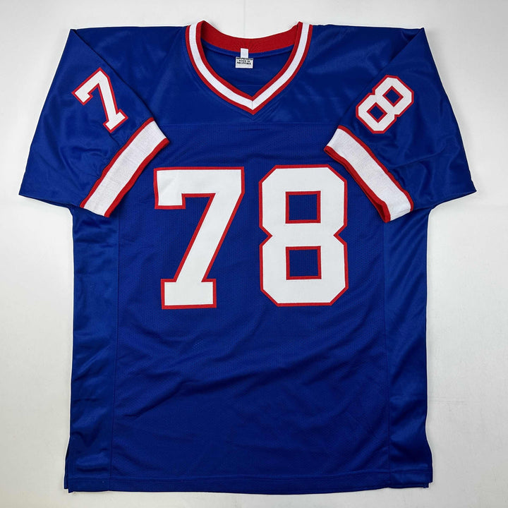 Autographed/Signed Bruce Smith HOF 09 Buffalo Blue Football Jersey Beckett COA