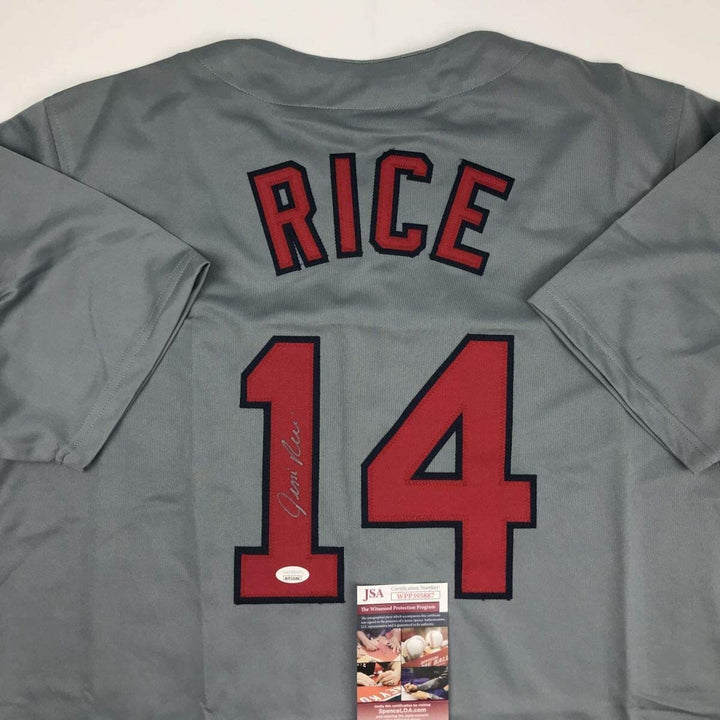Autographed/Signed JIM RICE Boston Grey Baseball Jersey JSA COA Auto