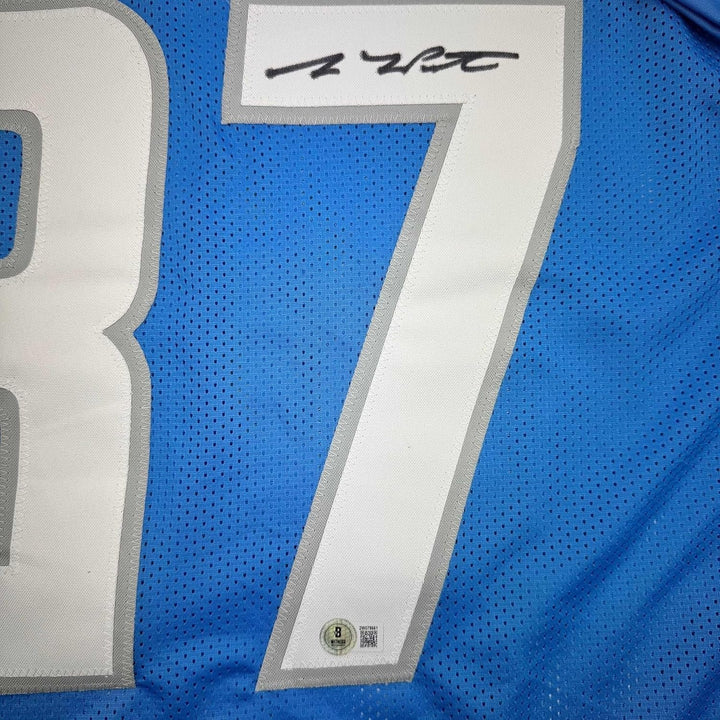 Framed Autographed/Signed Sam LaPorta 35x39 Detroit Blue Jersey Beckett COA