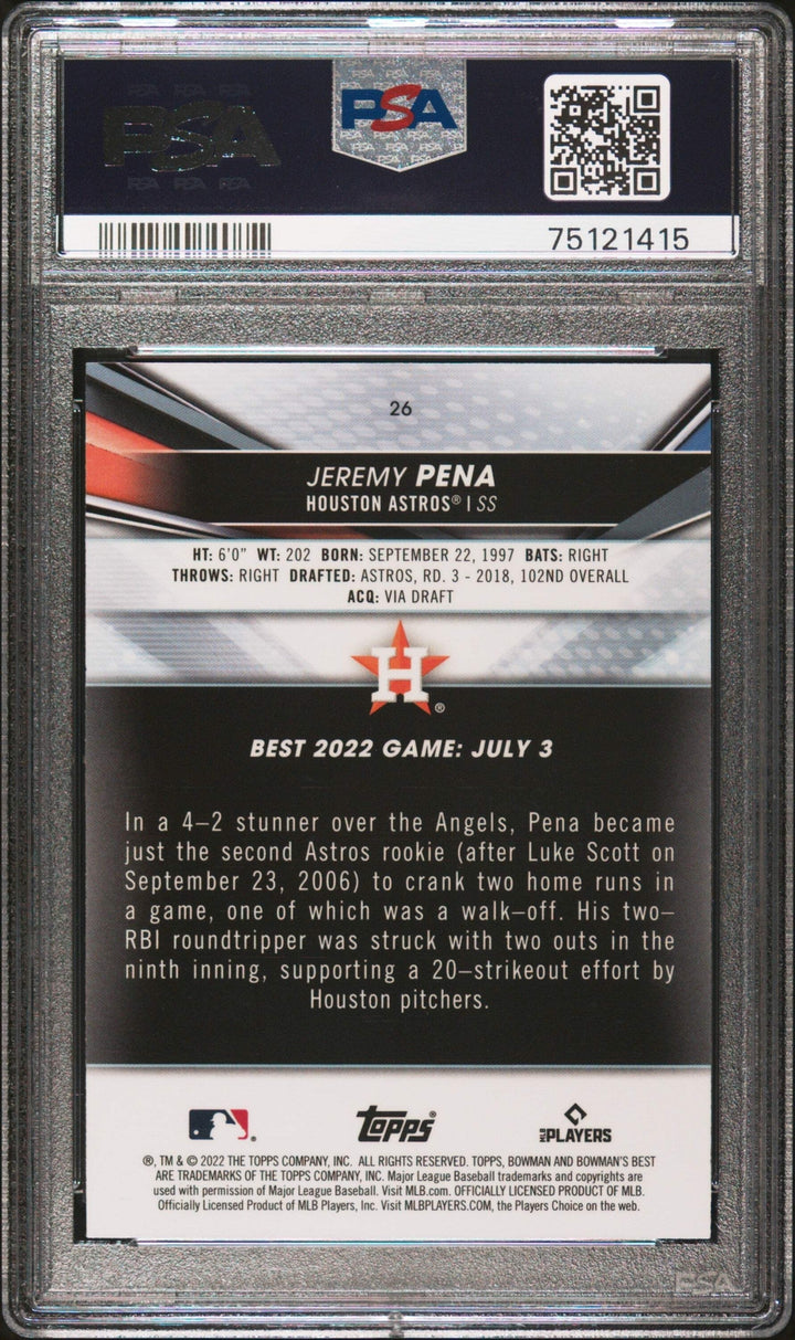 Graded 2022 Topps Bowmans Best Jeremy Pena #26 Rookie RC Baseball Card PSA 10