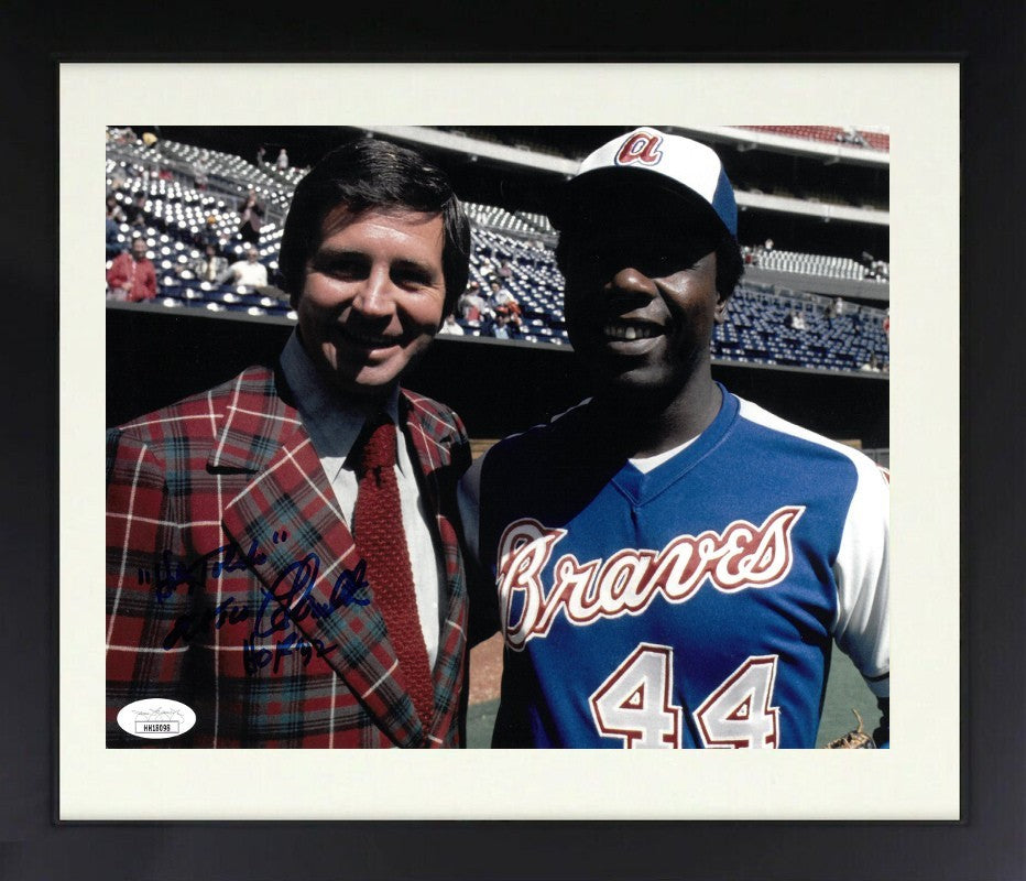 Milo Hamilton signed 8x10 Photo w/ dual Holy Toledo/HOF 92 Framed-JSA-Hank Aaron