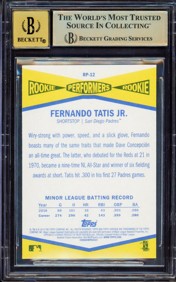 Fernando Tatis Jr Signed 2019 Topps Heritage Performers RC RP-12 BGS 9.5 Sig 10