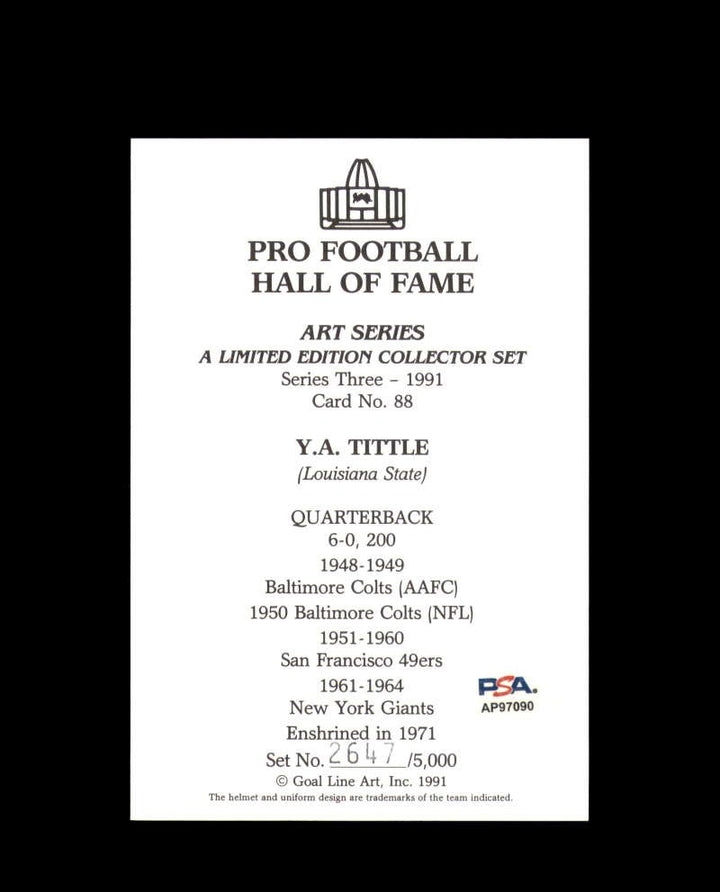 Y.A. Tittle PSA DNA Signed Goal Line Art Card GLAC Autograph HOF 1971