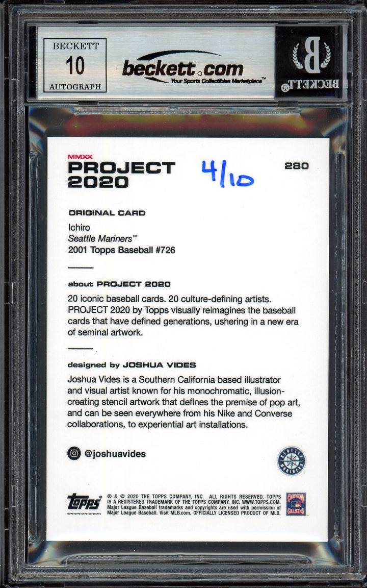 Ichiro Suzuki Auto Topps Project 2020 Joshua Vides Card 280 Auto 10 #/10 Beckett