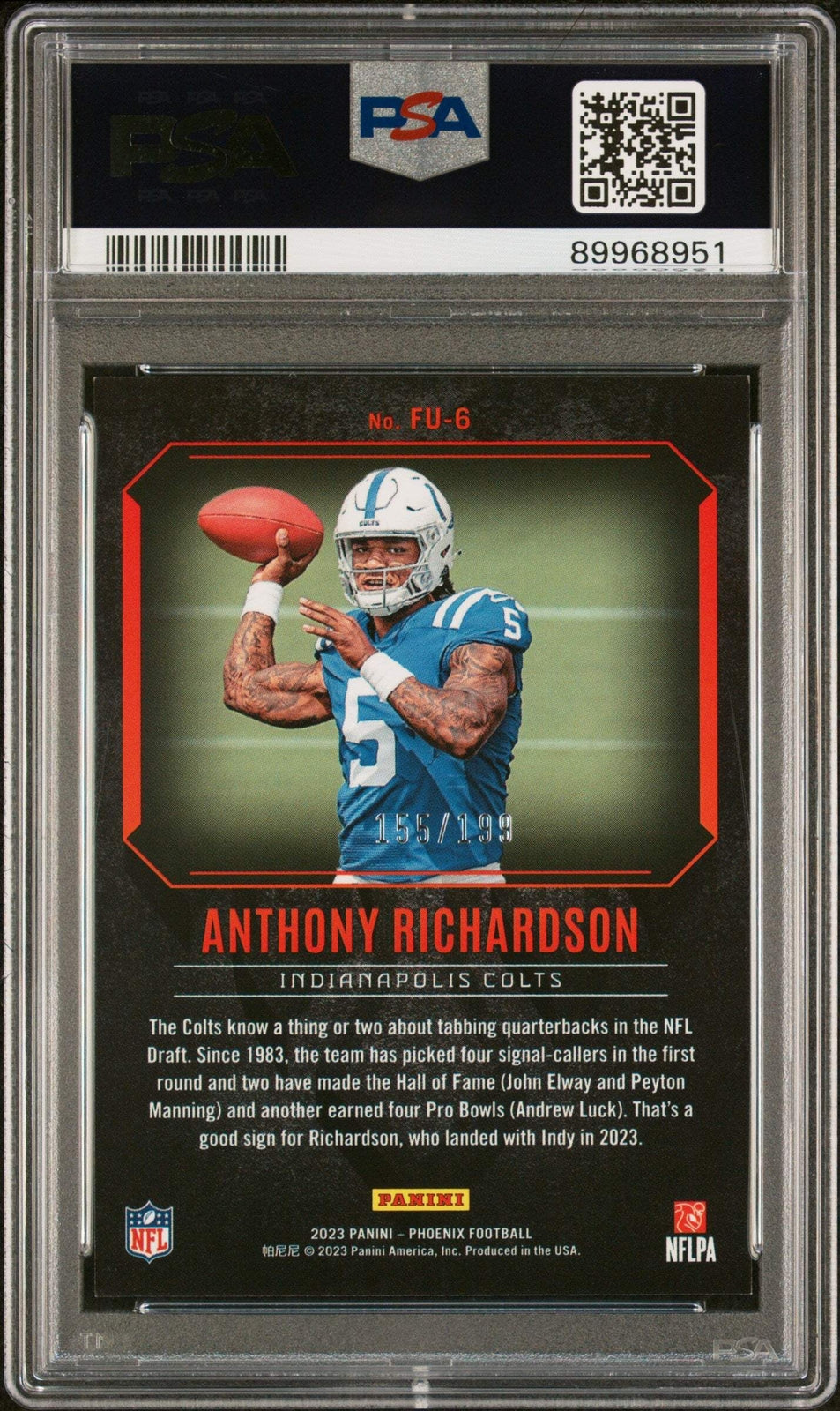Graded 2023 Panini Anthony Richardson #FU6 Fired Red #/199 Football Card PSA 10