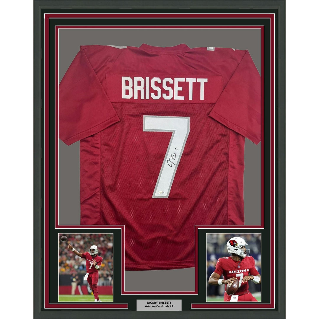 Framed Autographed/Signed Jacoby Brissett 35x39 Arizona Red Jersey JSA COA