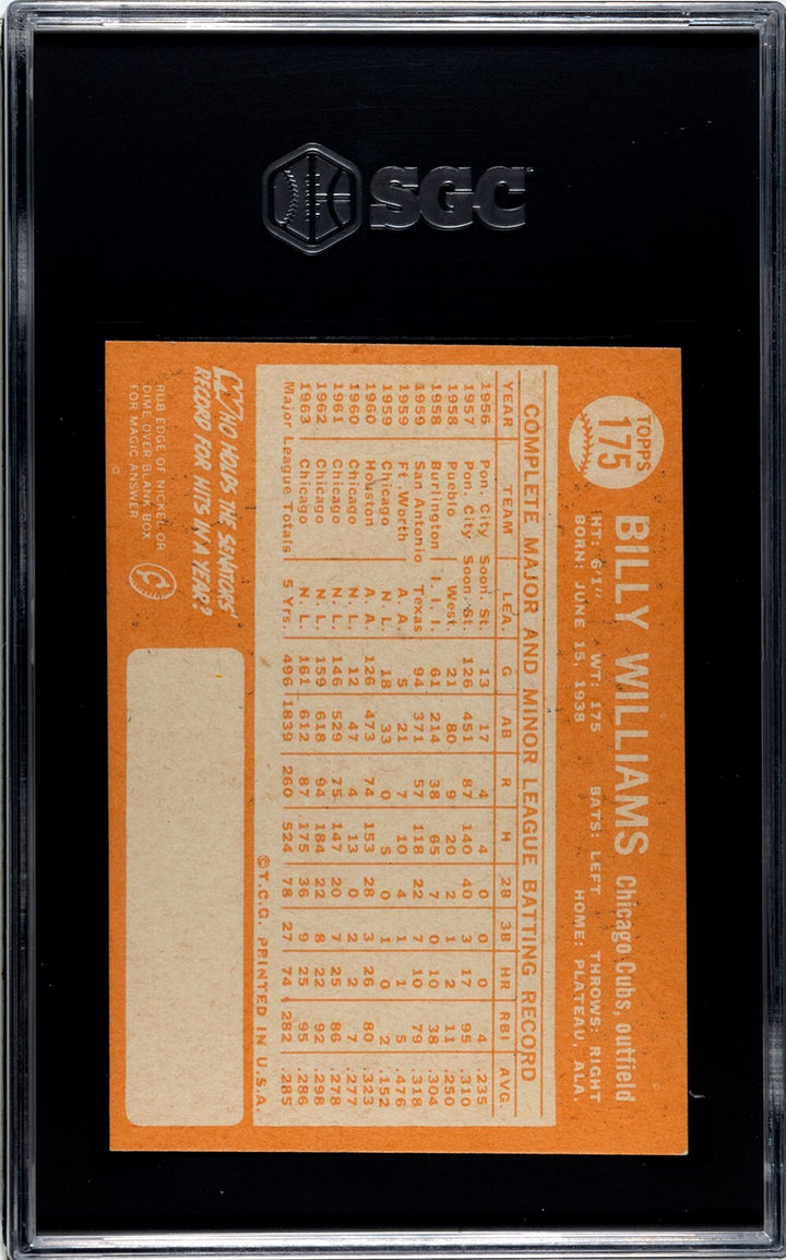 Billy Williams 1964 Topps Baseball Card #175 Chicago Cubs/HOF- SGC Graded 5 EX