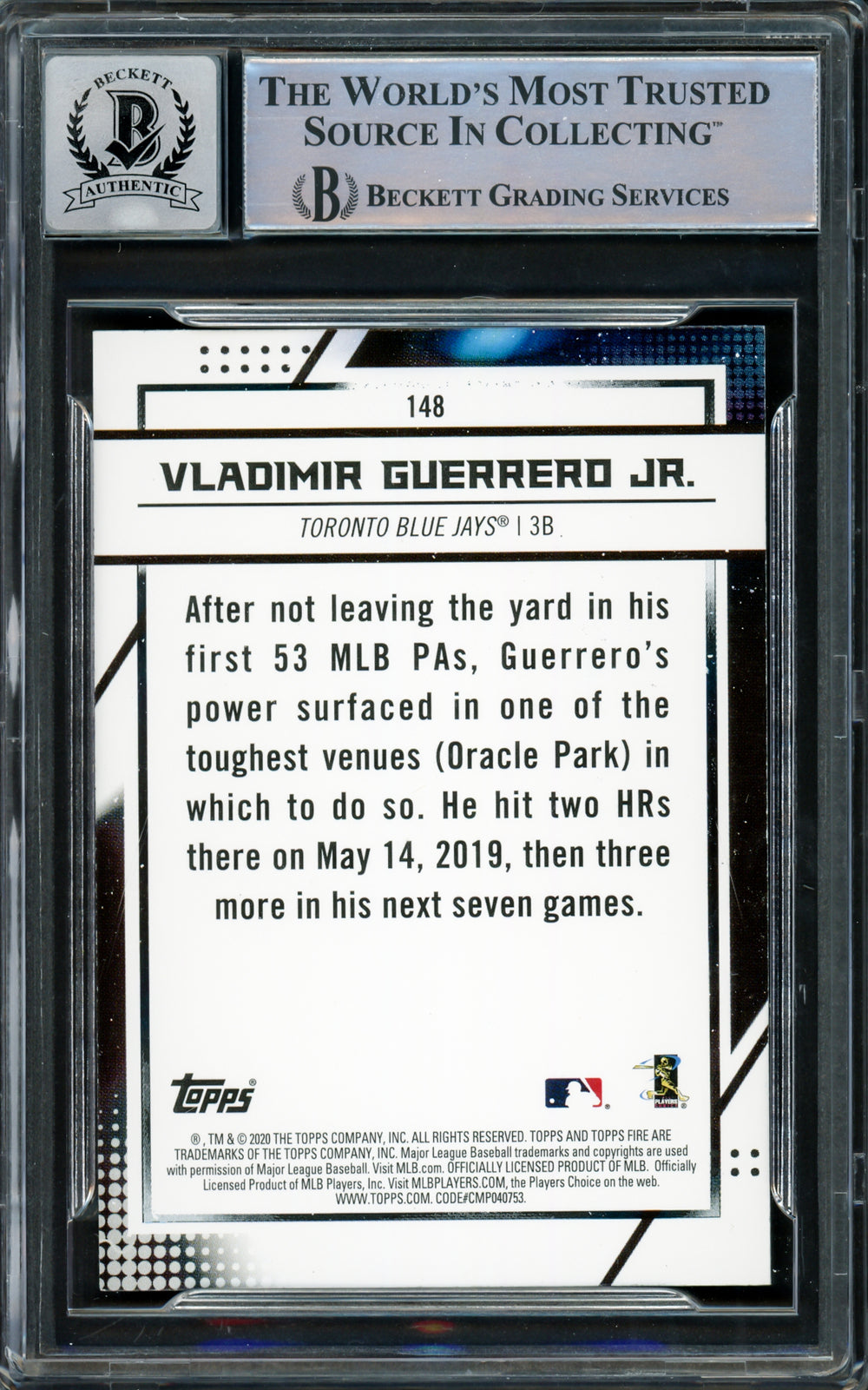 Vladimir Guerrero Jr. Autographed 2020 Topps Fire Card Gem 10 Auto Beckett