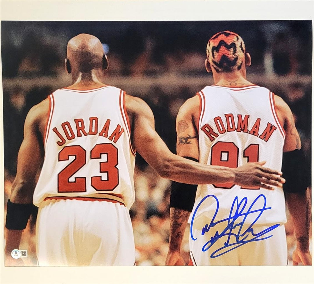 Dennis Rodman autograph signed 16x20 photo w/ Michael Jordan MJ ~ Beckett BAS