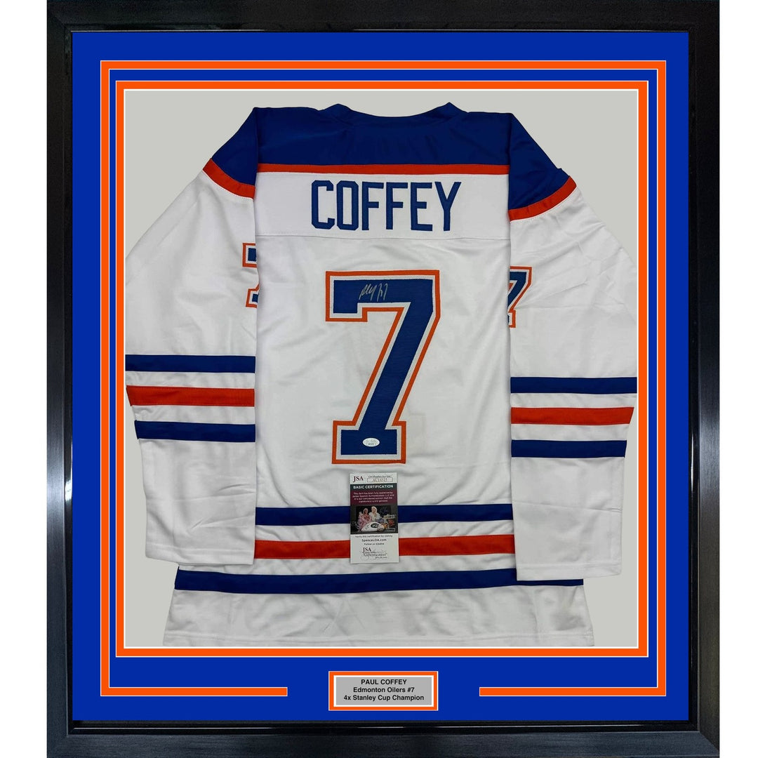 Framed Autographed/Signed Paul Coffey 35x39 Edmonton White Jersey JSA COA