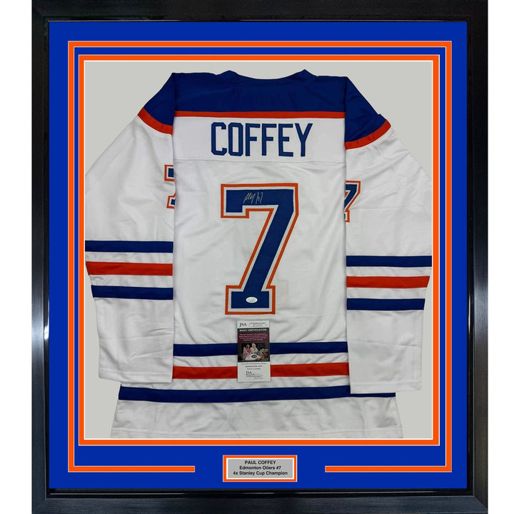 Framed Autographed/Signed Paul Coffey 35x39 Edmonton White Jersey JSA COA