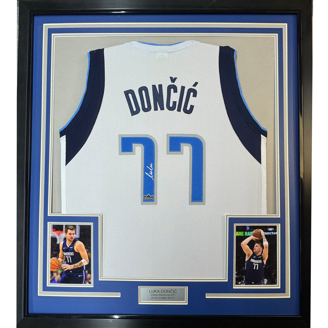 Framed Facsimile Autographed Luka Doncic 33x42 White Reprint Laser Auto Jersey