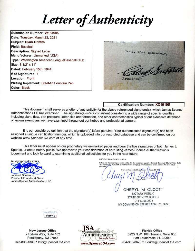 Clark Griffith JSA Coa Signed 1944 Senators Letter Autograph