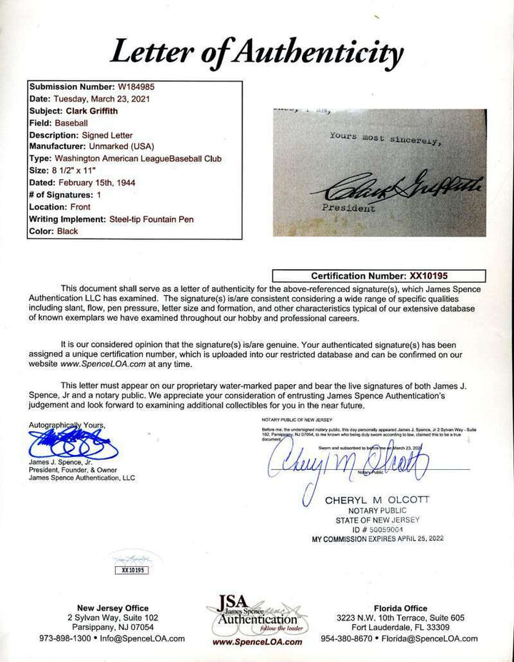 Clark Griffith JSA Coa Signed 1944 Senators Letter Autograph