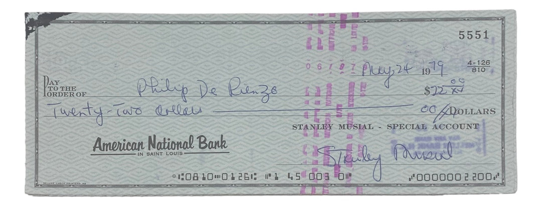 Stan Musial St. Louis Cardinals Signed  Bank Check #5551 BAS