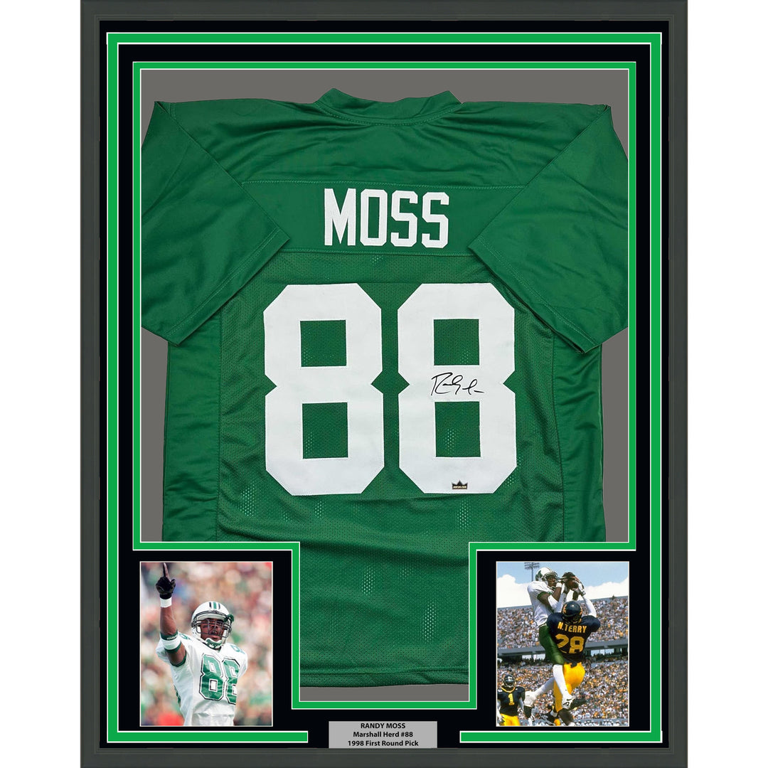 Framed Facsimile Autographed Randy Moss 35x39 Green Reprint Laser Auto Jersey