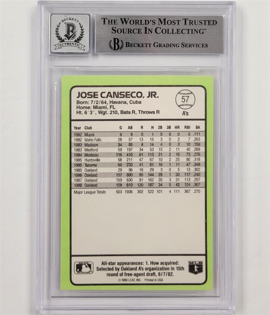 Jose Canseco signed 1989 Donruss Best #57 card autograph 849 Beckett BAS 10 auto