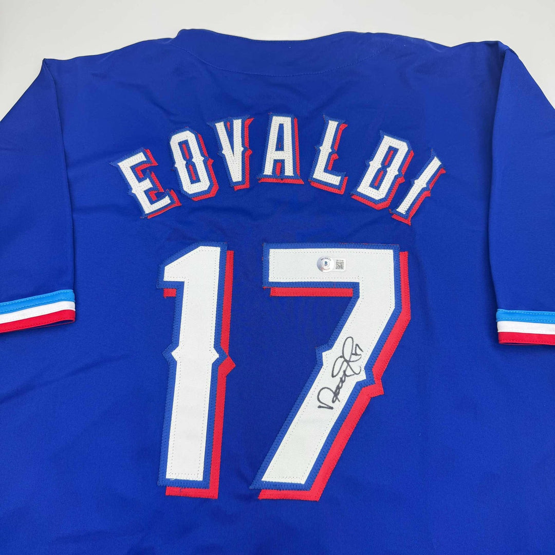Autographed/Signed Nathan Eovaldi Texas Blue Jersey Beckett BAS COA