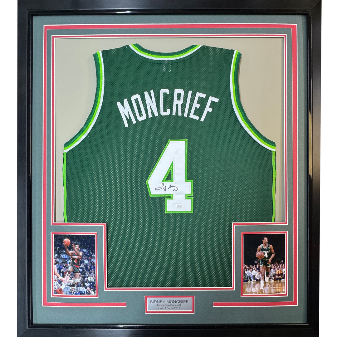 FRAMED Autographed/Signed SIDNEY MONCRIEF 33x42 Green/White Jersey PSA/DNA COA
