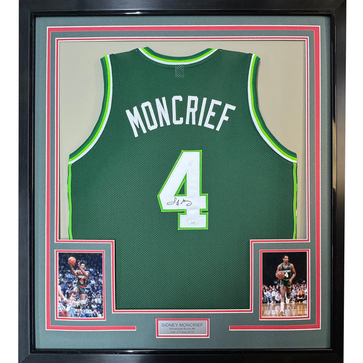FRAMED Autographed/Signed SIDNEY MONCRIEF 33x42 Green/White Jersey PSA/DNA COA