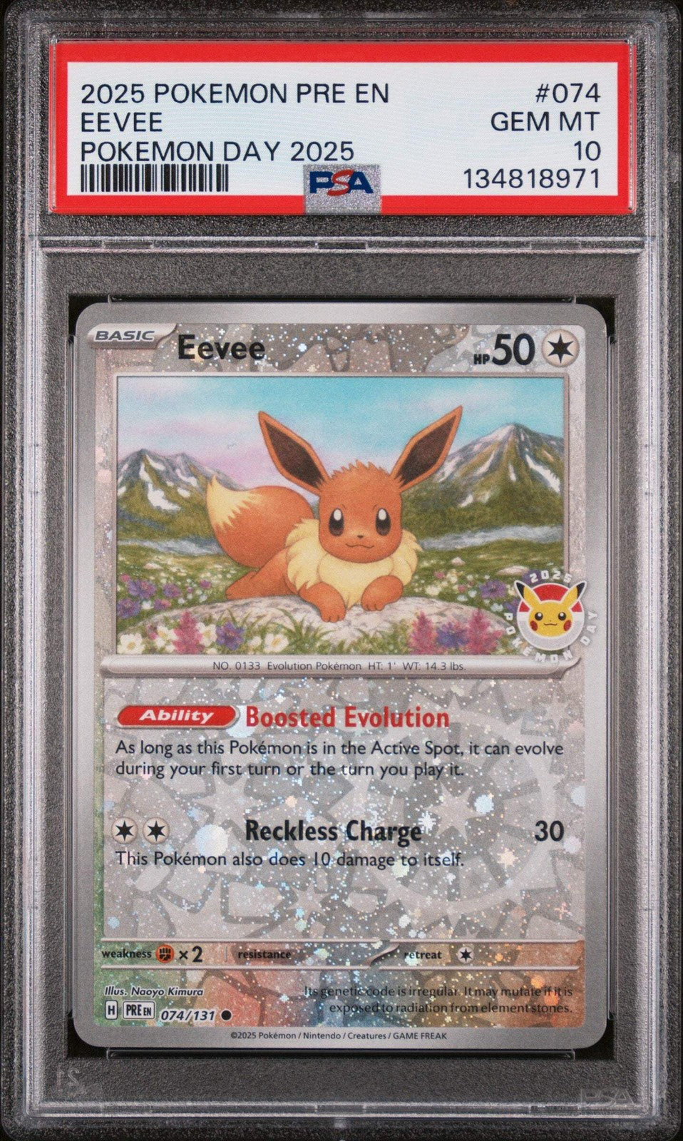 Graded 2025 Pokemon PRE EN Eevee #074 Pokemon Day Card PSA 10 Gem Mint