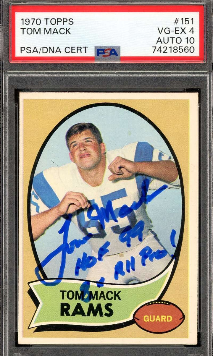 Tom Mack Gem Mint 10 PSA DNA Signed 1970 Topps Rookie Autograph