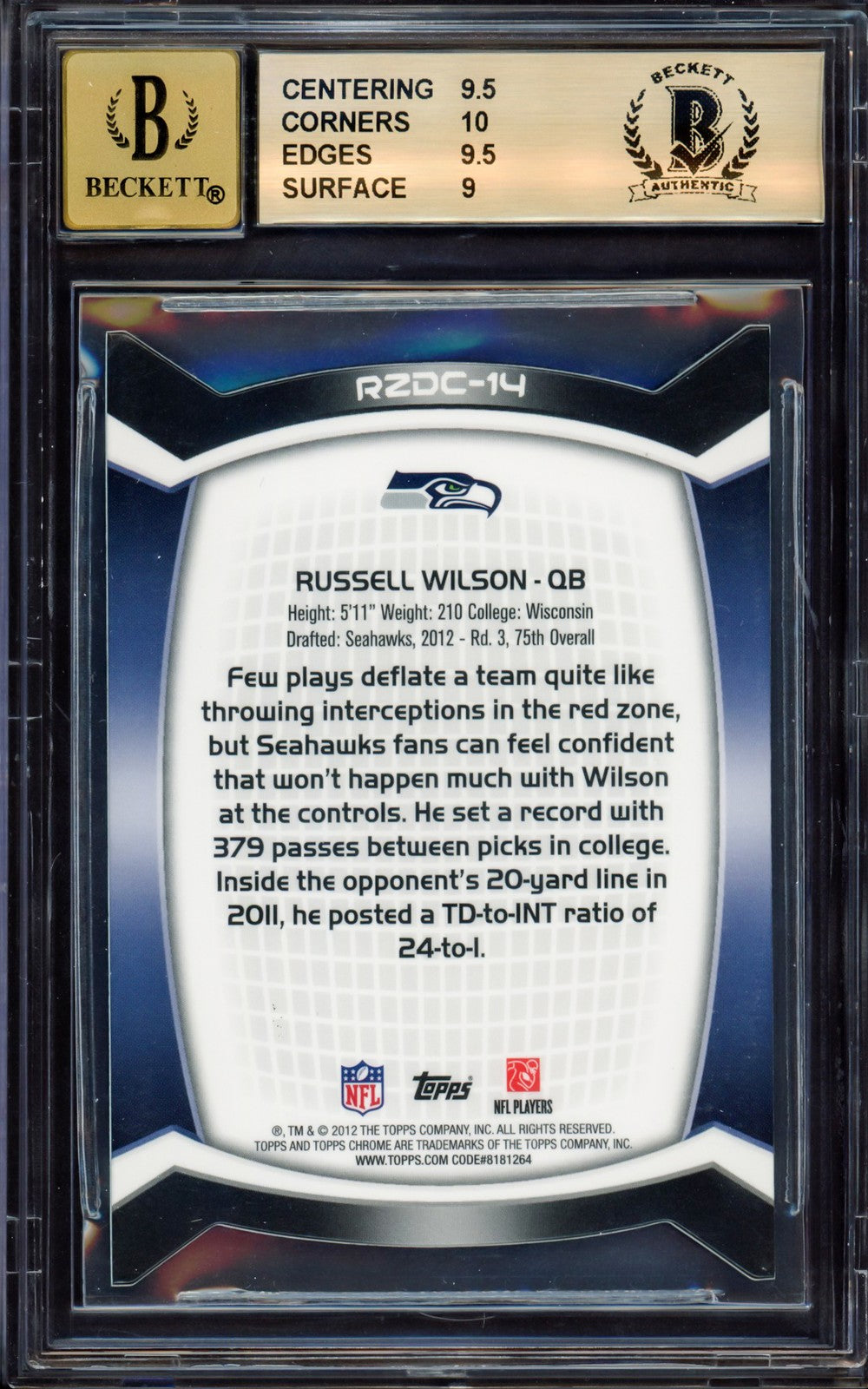 Russell Wilson Auto 2012 Topps Chrome Red Zone Refractor RC RZDC-14 BGS9.5 Sig10
