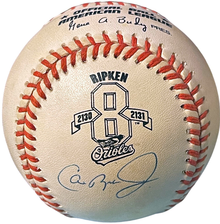 Cal Ripken, Jr. signed OFC Rawlings ROAL #8 Ripken 2131 Logo Baseball tone spots