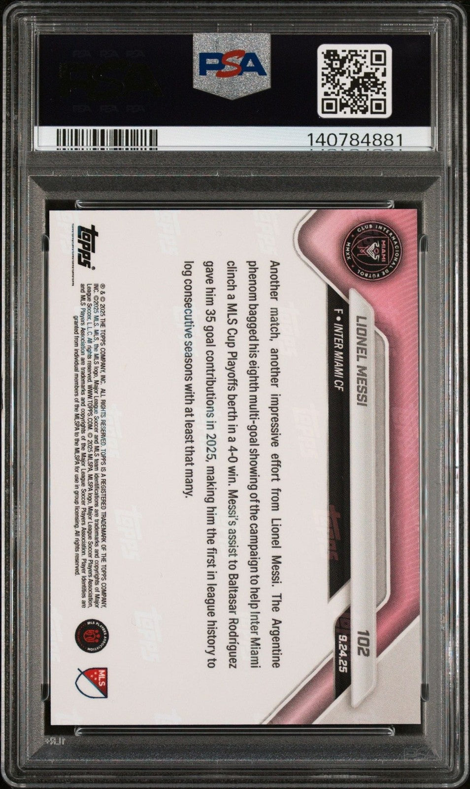 Graded 2025 Topps Now MLS Lionel Messi #102 Soccer Card PSA 10 Gem Mint