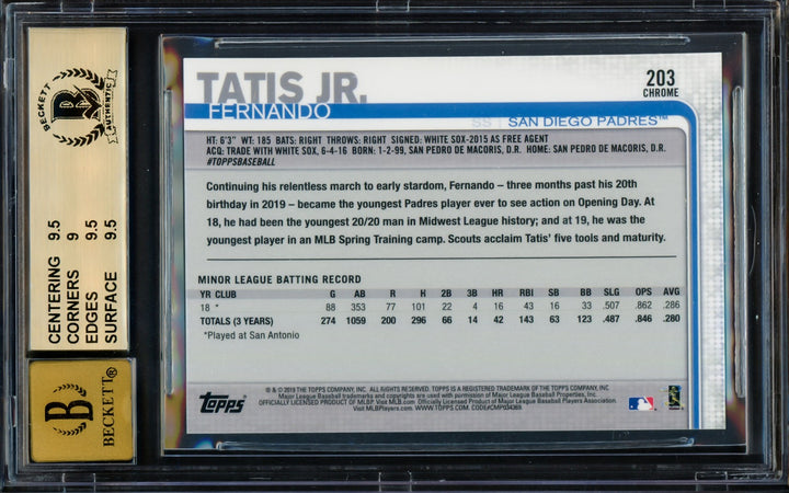 Fernando Tatis Jr. Signed 2019 Topps Chrome RC 203 Padres BGS 9.5 Sig 10 Beckett