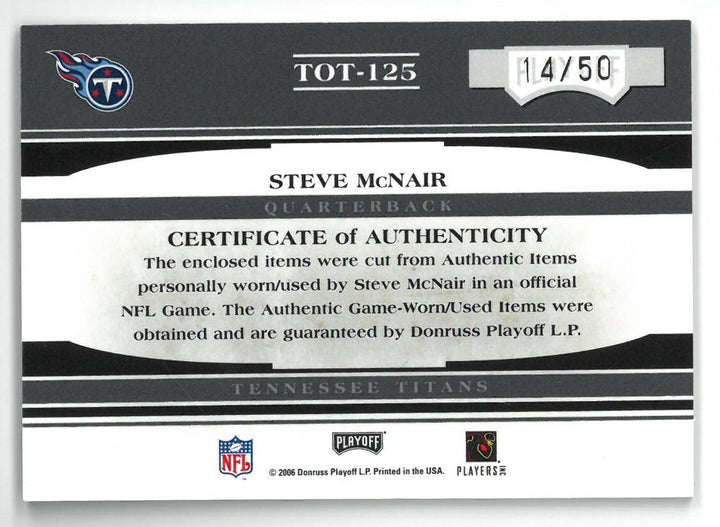 Steve McNair 2006 Donruss Playoff Absolute Game Worn Jersey/Shoe Card 14/50