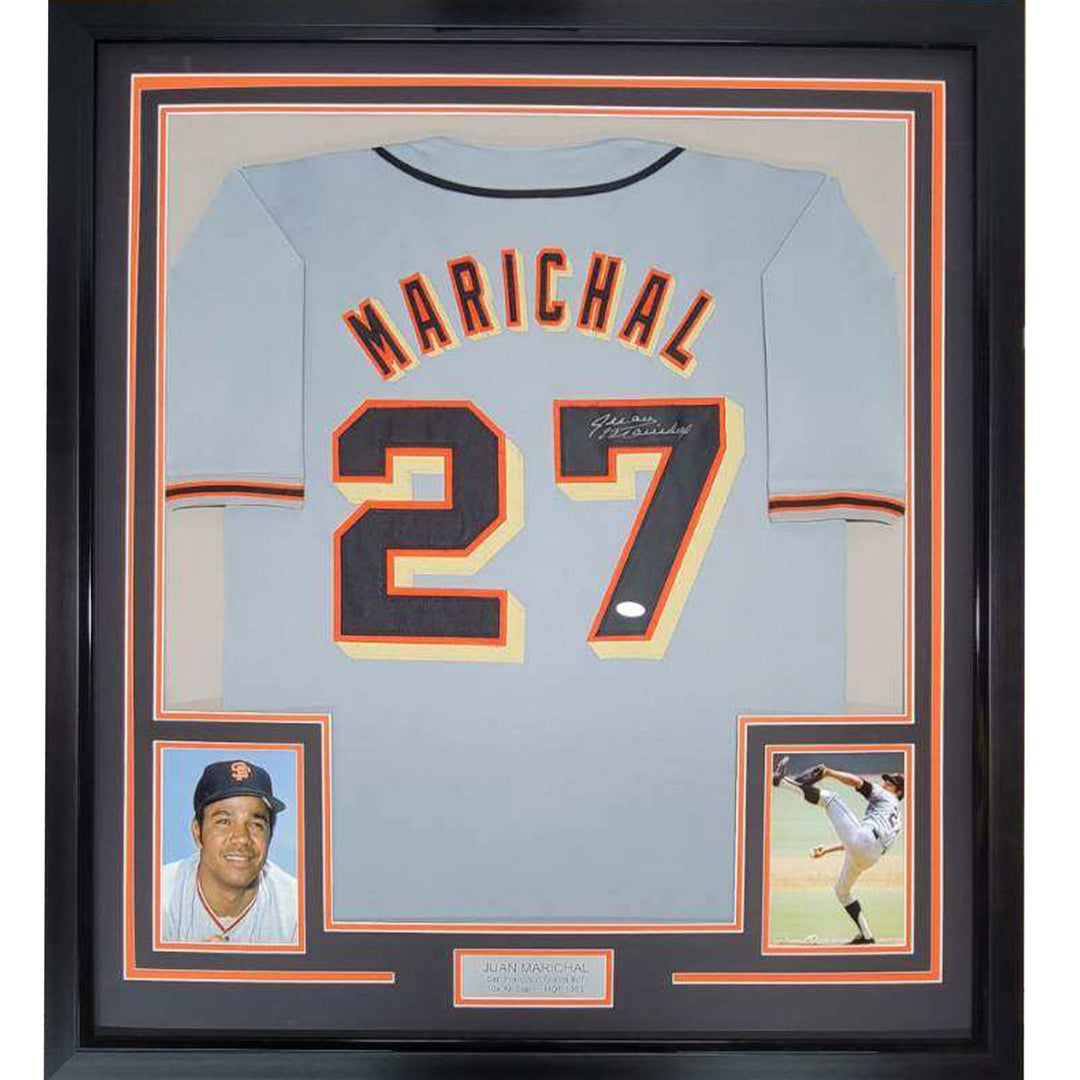 Framed Signed Juan Marichal 35x39 San Francisco Grey Jersey JSA COA
