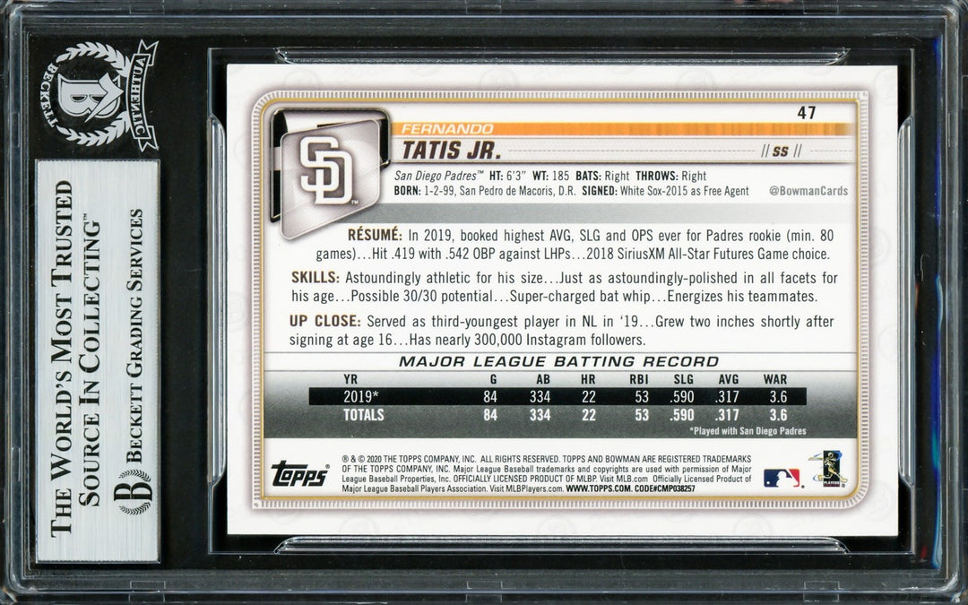 Fernando Tatis Jr. Signed 2020 Bowman Card 47 San Diego Padres Beckett
