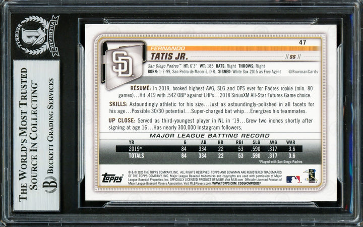 Fernando Tatis Jr. Signed 2020 Bowman Card 47 San Diego Padres Beckett