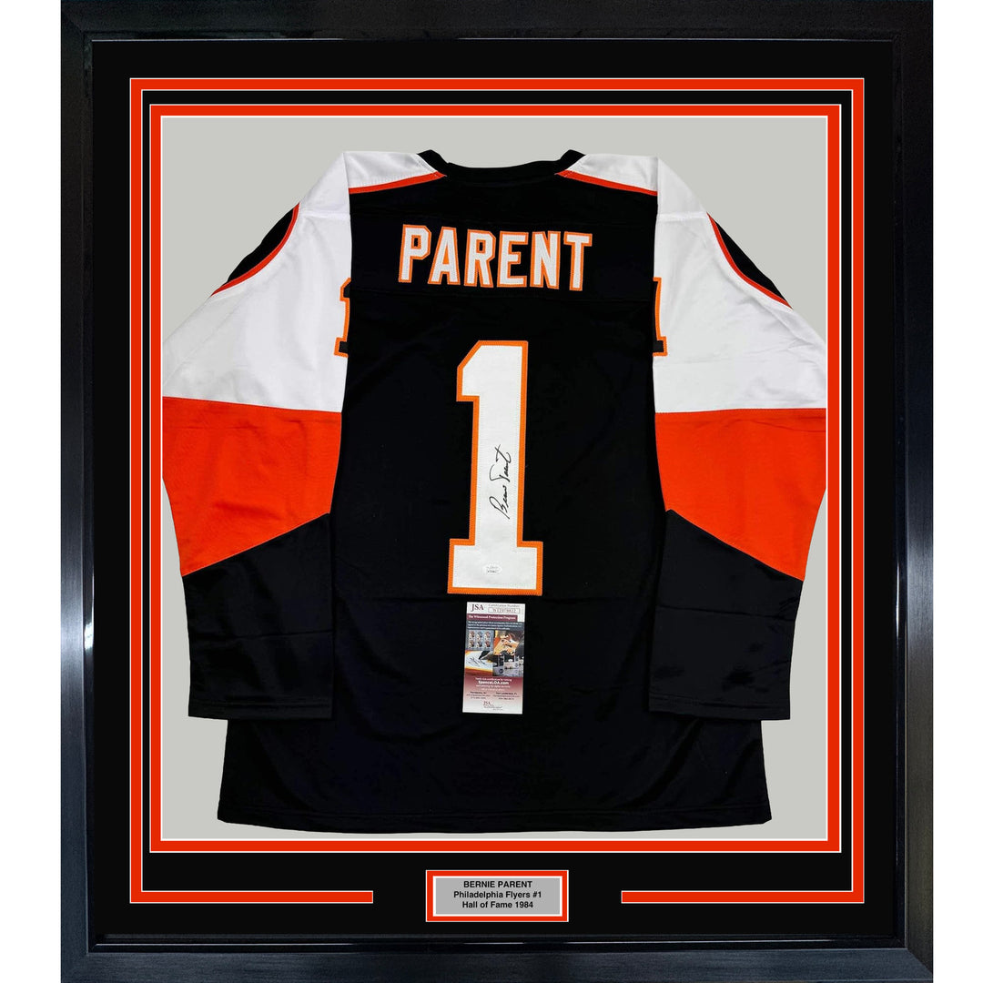 Framed Autographed/Signed Bernie Parent 35x39 Philadelphia Black Jersey JSA COA