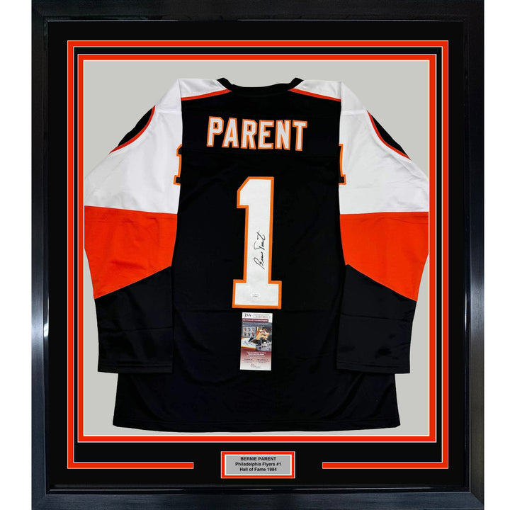 Framed Autographed/Signed Bernie Parent 35x39 Philadelphia Black Jersey JSA COA